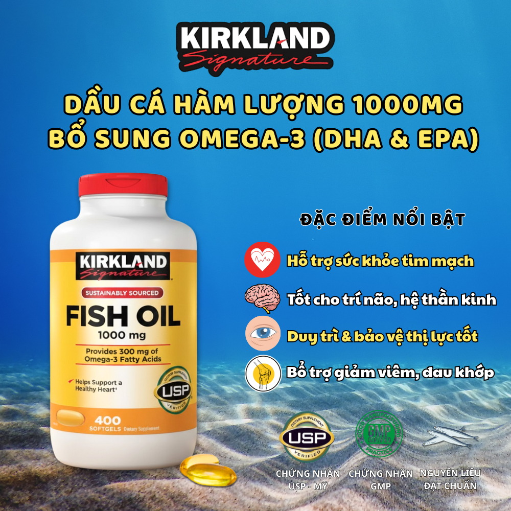Viên uống dầu cá Kirkland Signature Fish Oil 1000mg hỗ trợ tim mạch xương khớp - Hộp 400 viên