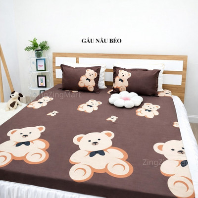 Combo Bộ ga giường ZingZingMart gồm 1 Ga + 2 Vỏ Gối Nằm Chất Cotton Poly Mẫu Gấu nâu béo