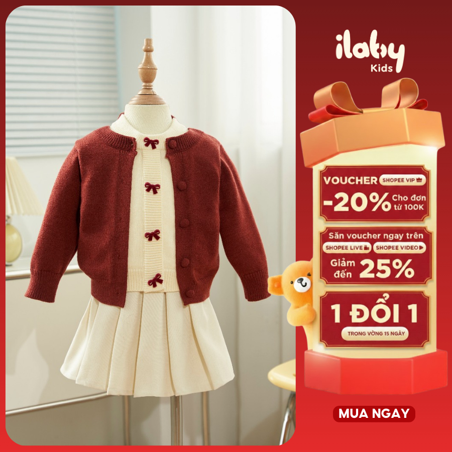 Áo len bé gái ILABY áo len đỏ cho bé gái giả cardigan đính nơ xinh mặc tết noel [3303]