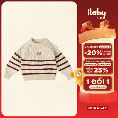 Áo len chui đầu cho bé ILABY áo len dệt kim cổ tròn phong cách Vintage kẻ sọc màu kem [3995]