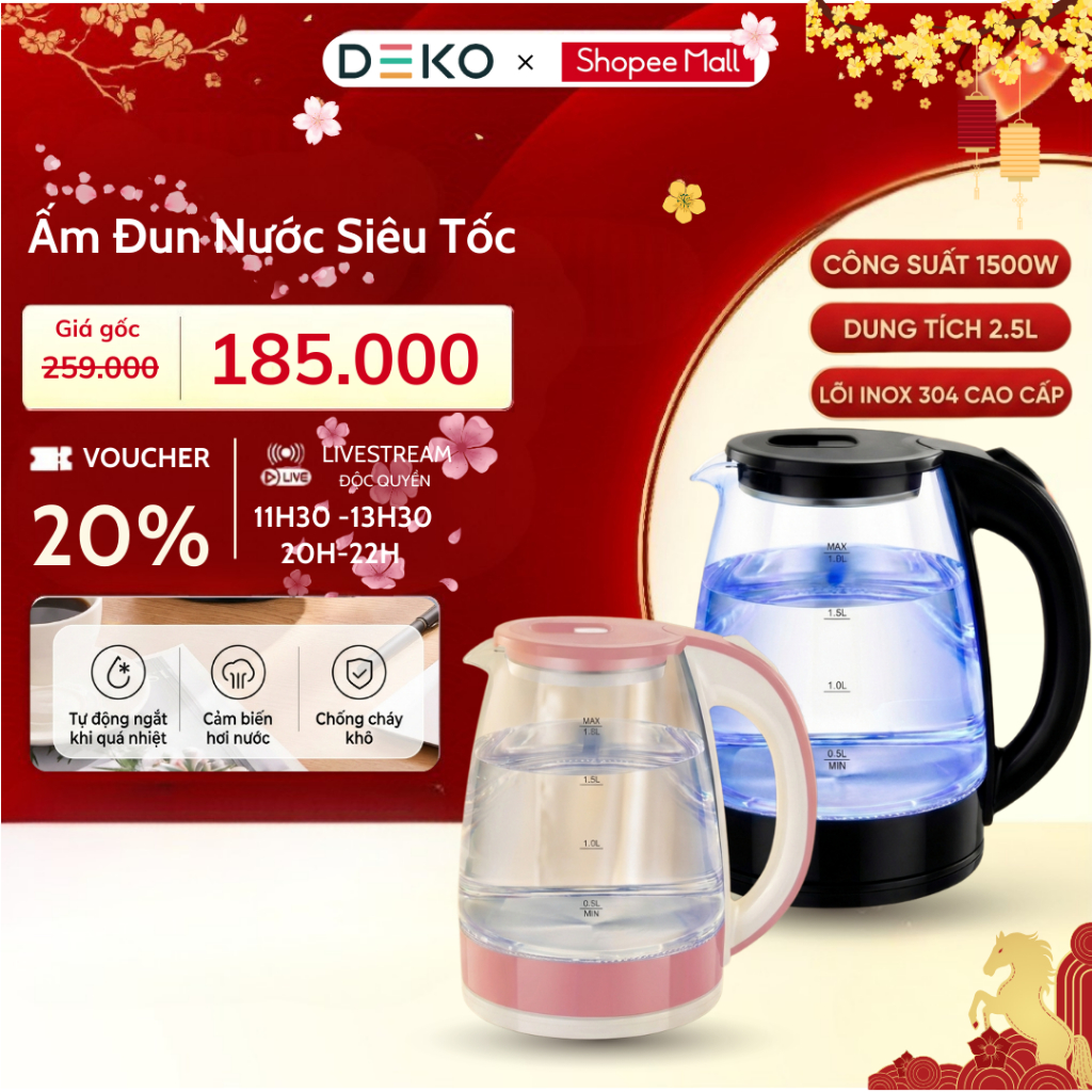 [THẺ TRÚNG THƯỞNG] Ấm đun siêu tốc, Bình đun nước thủy tinh siêu tốc 2.5L, inox không gỉ dung tích 1.8L