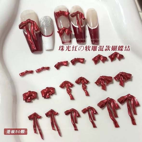 Set 50pcs charm nơ đỏ nhũ kim tuyến mẫu mới 2026