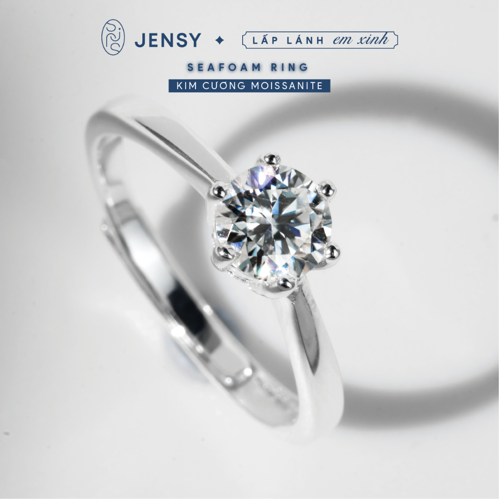 Nhẫn Bạc Gắn Kim Cương Moissanite Xi Bạch Kim, Kiểm Định GRA  "Seafoam" NLJE7. Nhẫn Bạc Nữ Cao Cấp