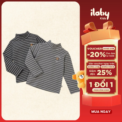 Áo giữ nhiệt bé trai ILABY thiết kể tay dài cổ cao kẻ ngang chất liệu cotton co giãn 4 chiều siêu âm [3483]