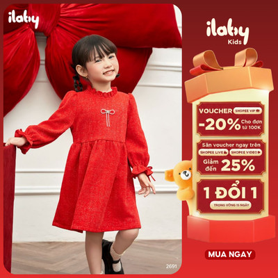 Váy tết, váy noel cho bé gái ILABY váy nhung cổ tròn phối bèo cổ tay đính đá thân trước [2691]