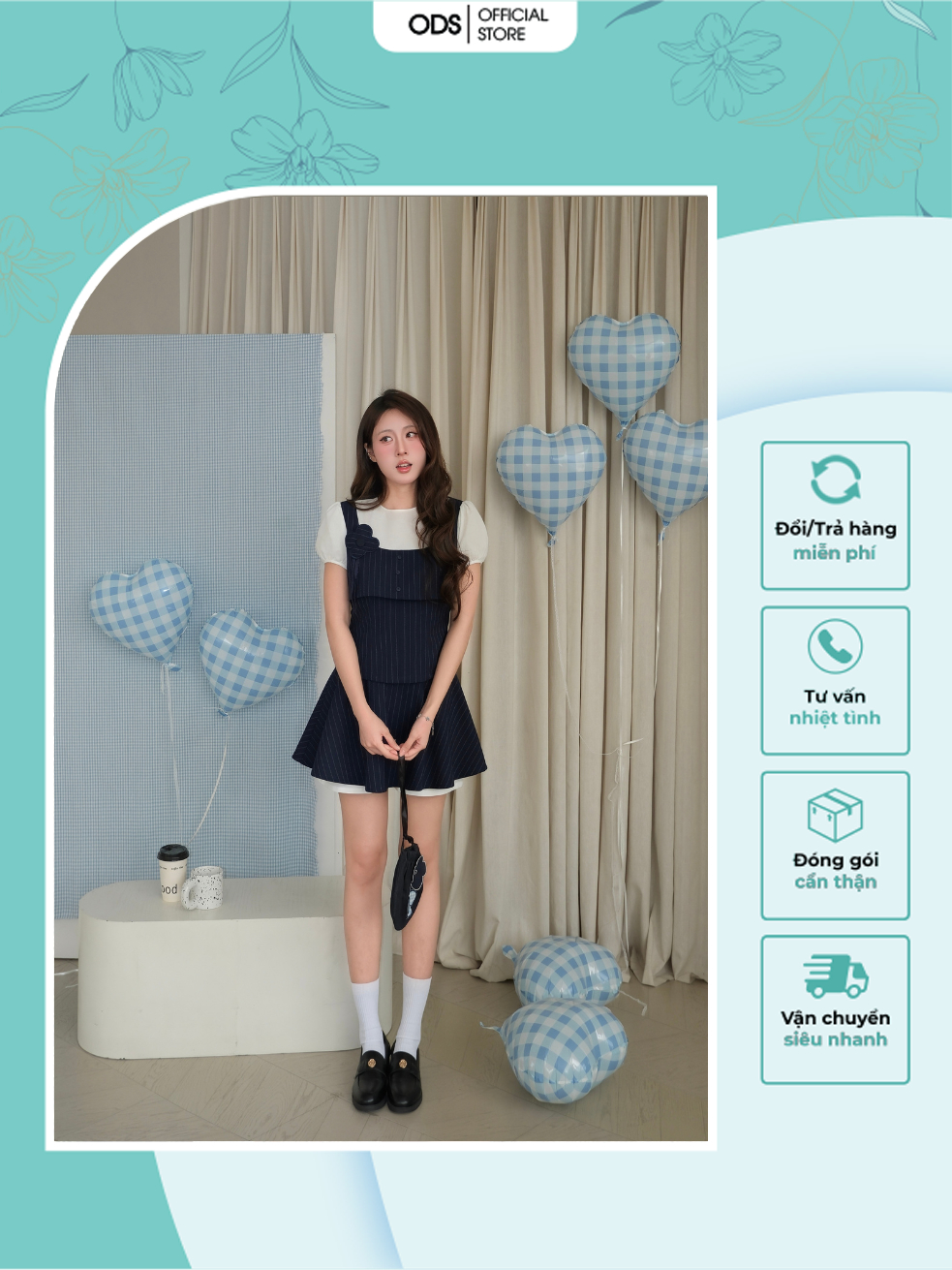 Set Áo Peplum Xanh Đen Sọc ODS