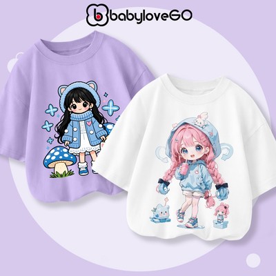 Áo thun bé gái tay lỡ form rộng BabyloveGO mẫu mới 2026 áo phông Premium Cotton in hình cute dễ thương cho bé