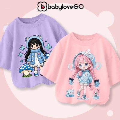 Áo thun dáng rộng tay lỡ bé gái BabyloveGO 2026 áo phông Premium Cotton in hình cute dễ thương cho bé