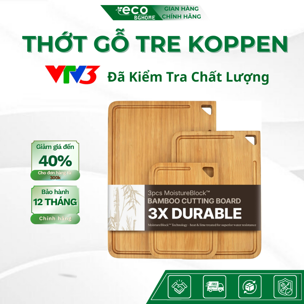 Thớt Tre Koppen Bộ 3 Size S/M/L Có Rãnh Hứng Nước – Thớt Chặt Thái Thịt Rau Củ, Bày Đồ Ăn BGHOME ECO