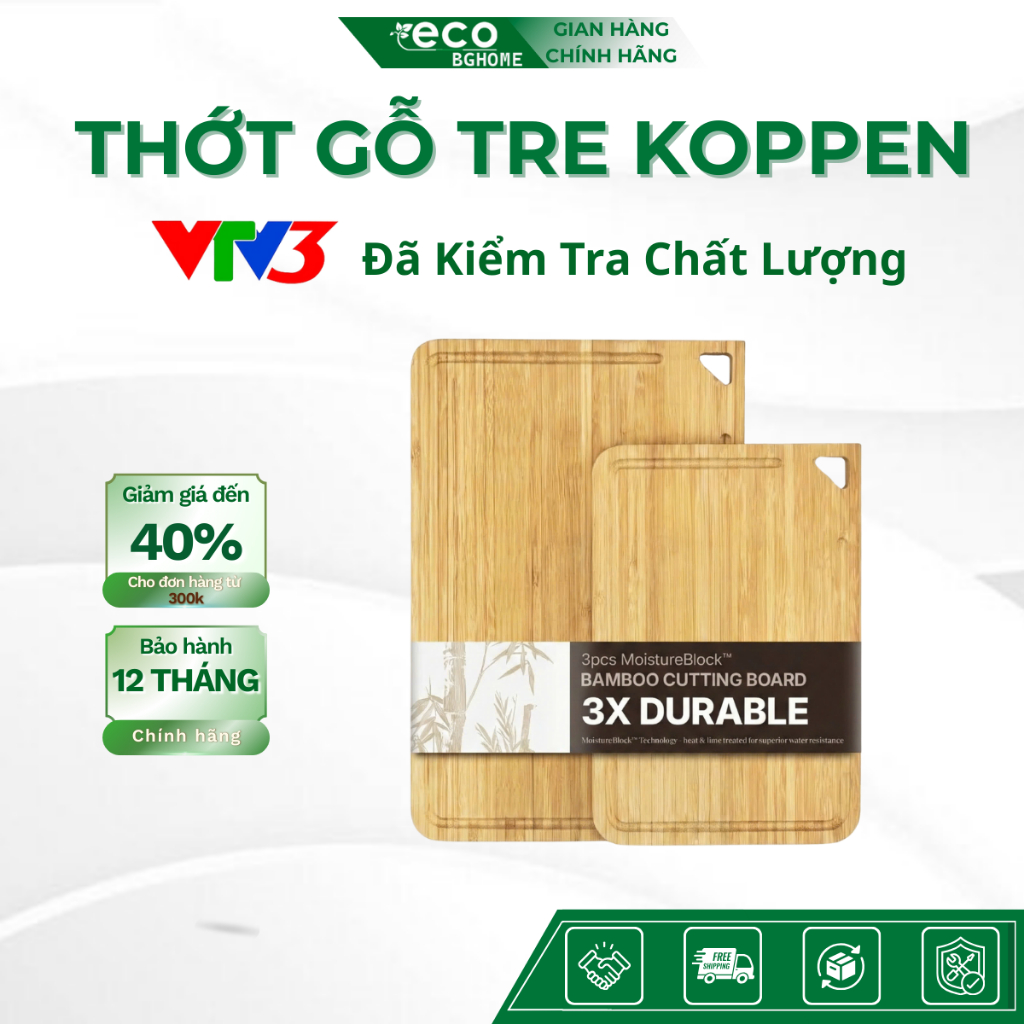 Thớt Tre Koppen Bộ 2 Size M/L Có Rãnh Hứng Nước – Thớt Chặt Thái Thịt Rau Củ, Bày Đồ Ăn BGHOME ECO