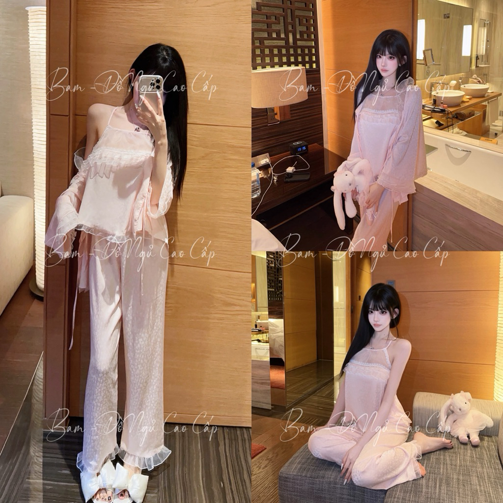 [ SET 3 MÓN ] Set ngủ lụa mềm mại áo yếm dễ thương B033