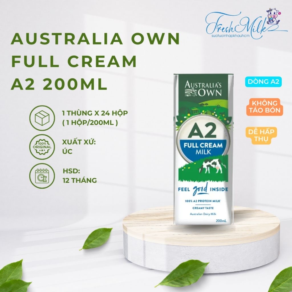 SỮA TƯƠI NGUYÊN KEM AUSTRALIA'S OWN A2, THÙNG 24 HỘP 200ML