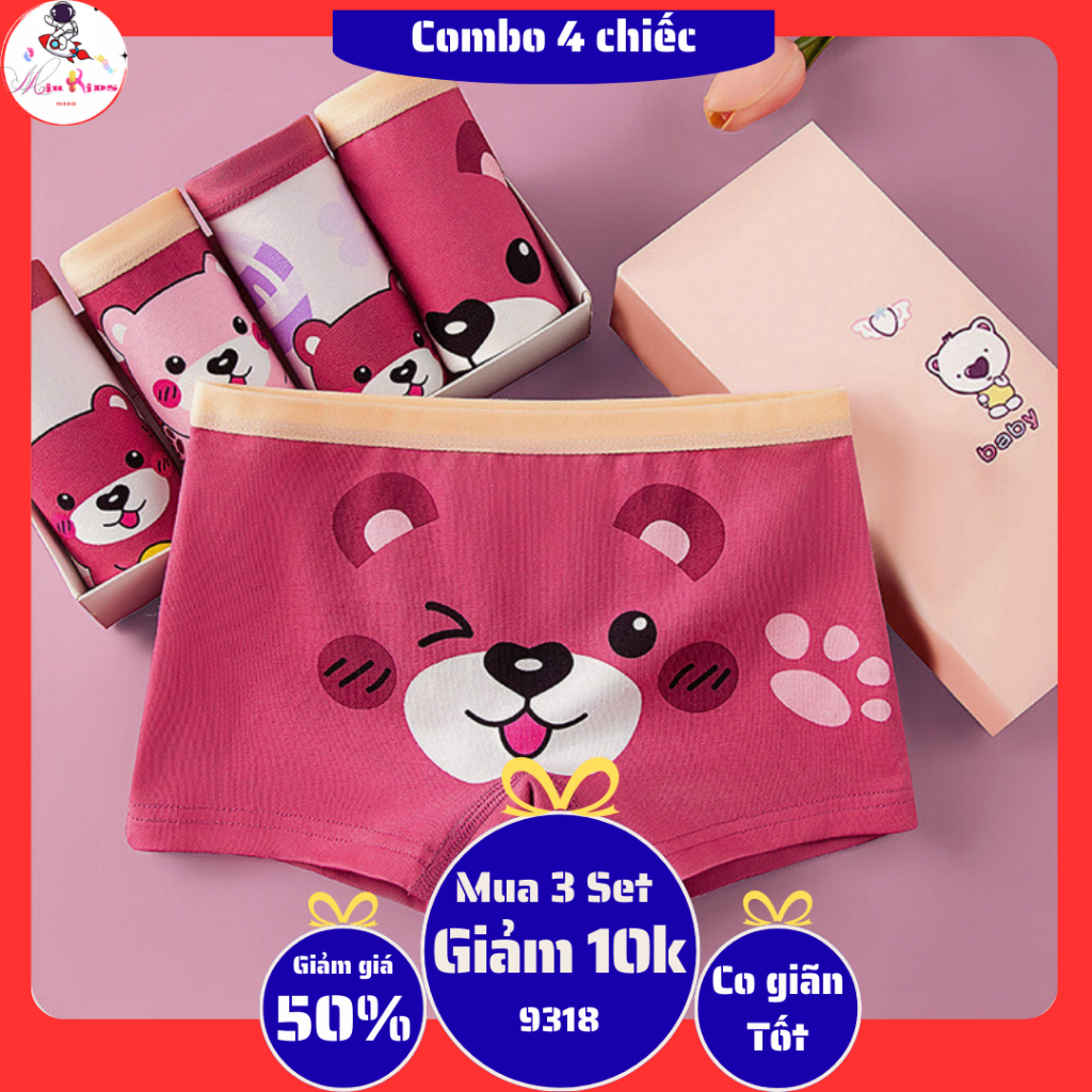 Set 4 Quần chíp đùi bé gái 9-40kg vải cotton mềm mát quần lót bé gái với họa tiết cô gái đáng yêu
