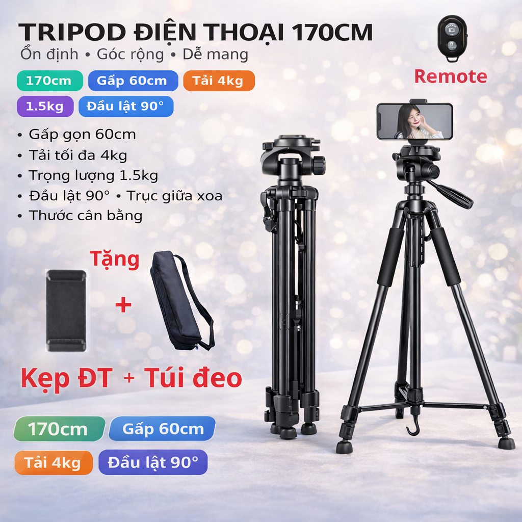 Chân Quay Máy Ảnh,Tripod Điện Thoại Tripod 360° Tặng Kèm Remote - Thiết Kế Chắc Chắn
