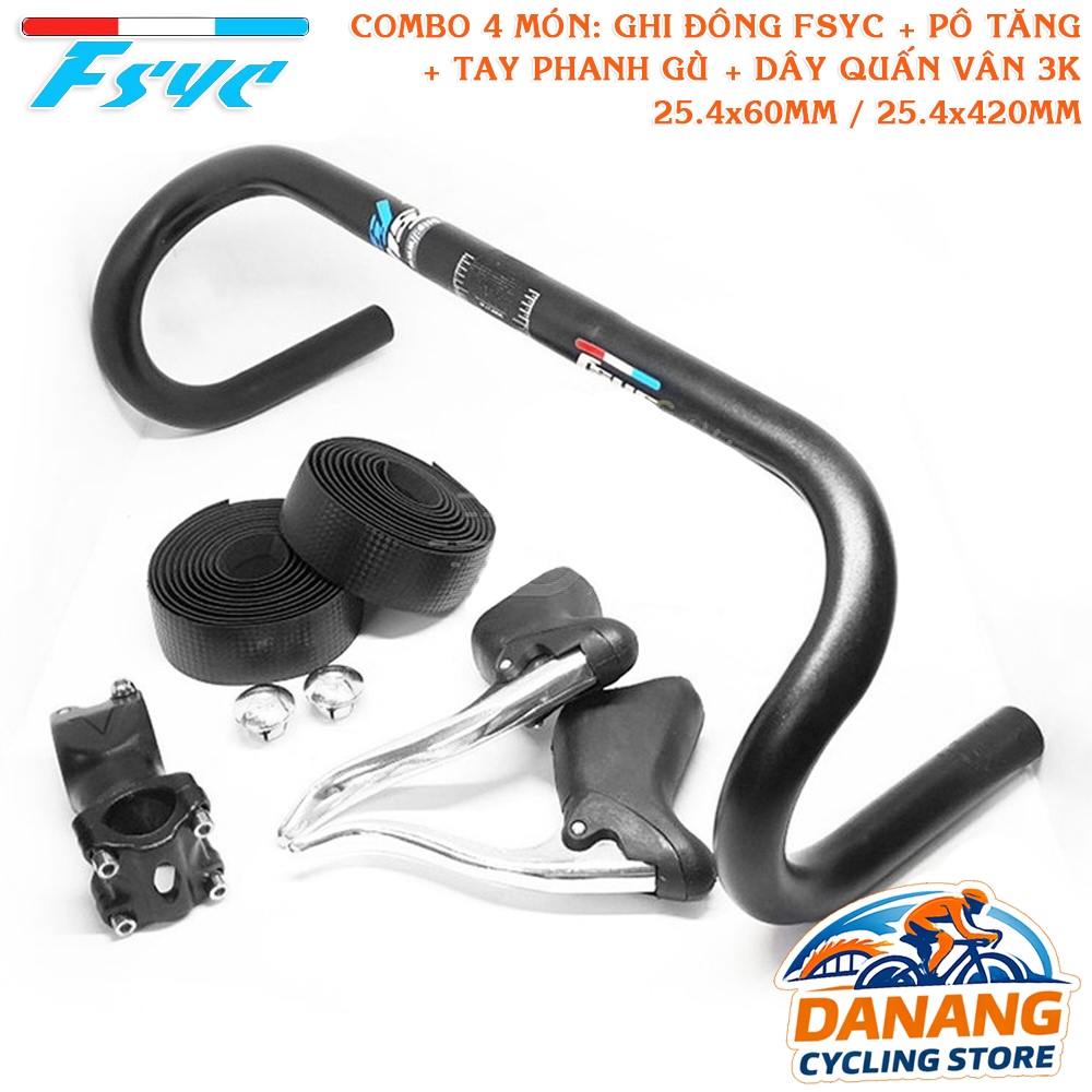 Combo Ghi Đông Cong Xe Đạp FSYC – Pô Tăng + Tay Phanh + Dây Quấn Carbon