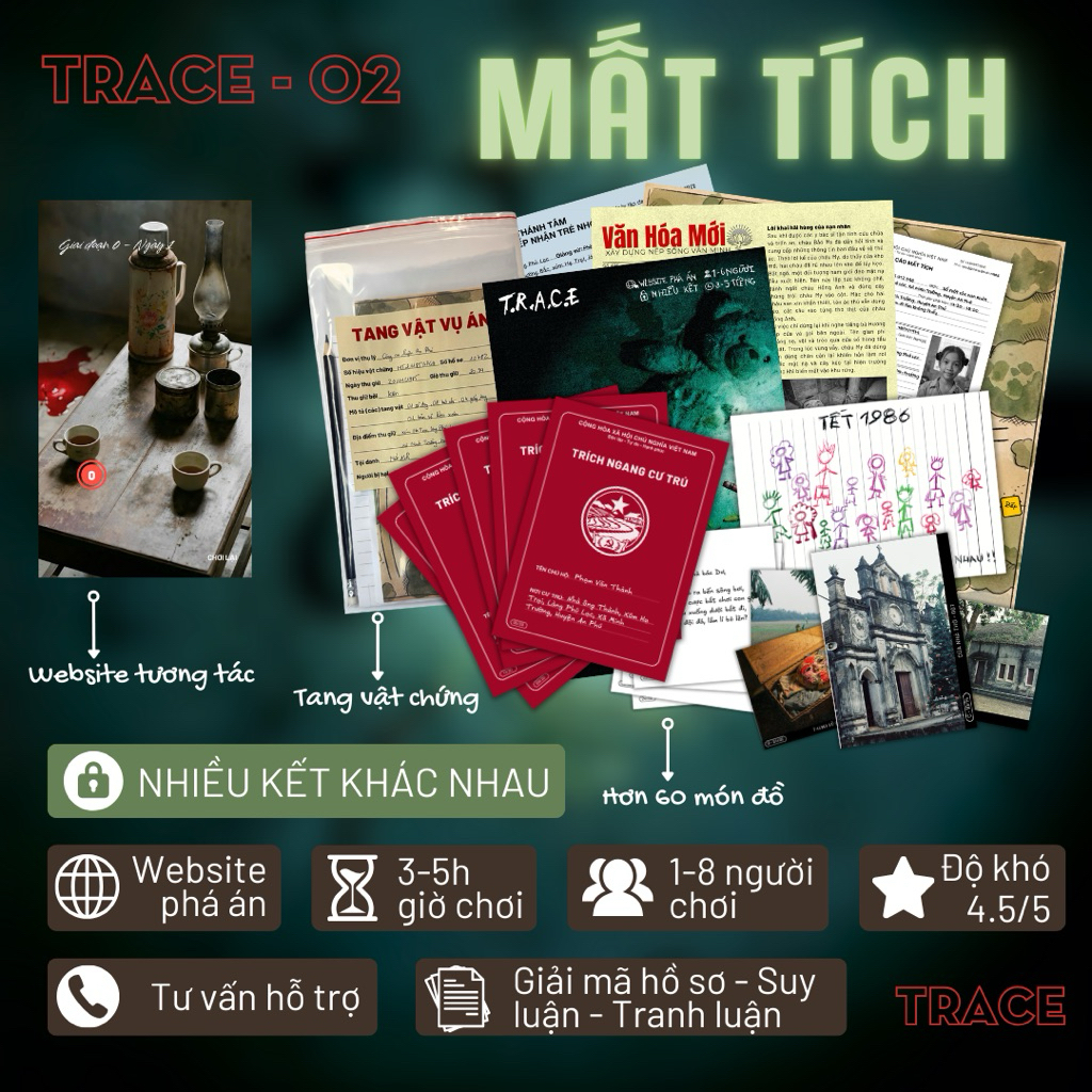 Game phá án tại nhà TRACE Mất tích Boardgame trinh thám 1+ người, 3-4 giờ, có…