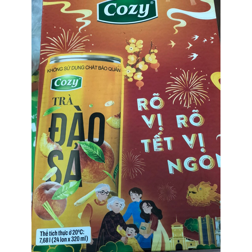 Thùng 24 Lon Trà Đào Sả Cozy 320ml uống liền cozy - trà trái cây thơm ngon vị đào sả tươi mát