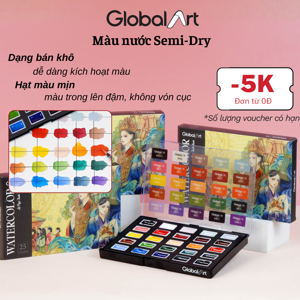 Màu Nước Semi-Dry Global Art Hộp 25 Màu Cao Cấp Màu Trong Lên Chuẩn, Màu Mịn Kiểm Soát Màu Tốt