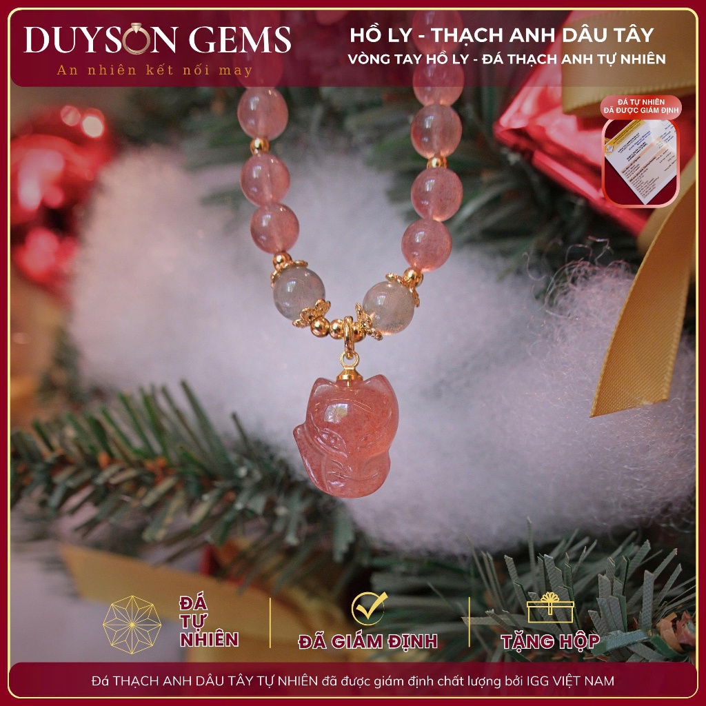 Vòng tay chuỗi thạch anh dâu tây tự nhiên mix charm hồ ly tình duyên, may mắn Duyson Gems