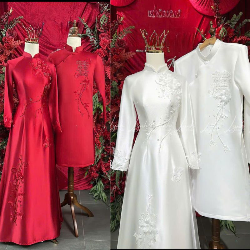 Áo Dài Cặp Cô Dâu Chú Rể Cao Cấp – Áo Dài Cưới Truyền Thống Thêu Hoa Sang Trọng C2M