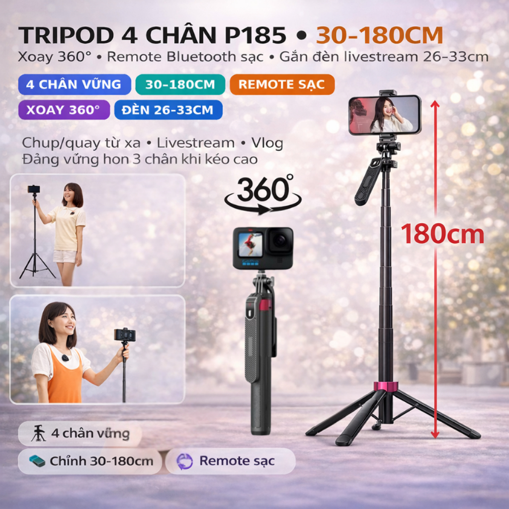 Gậy chụp ảnh 4 chân P185,Tripod điện thoại livestream - quay phim -kéo dài 180cm - có remote