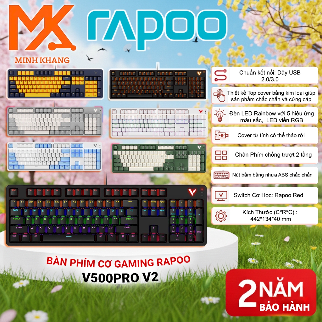 { Rapoo Chính Hãng}Rapoo V500 Pro-V2 Bàn Phím Cơ Gaming Đèn Nền Đa Sắc – Dây Điện Góc Setup – Cover 