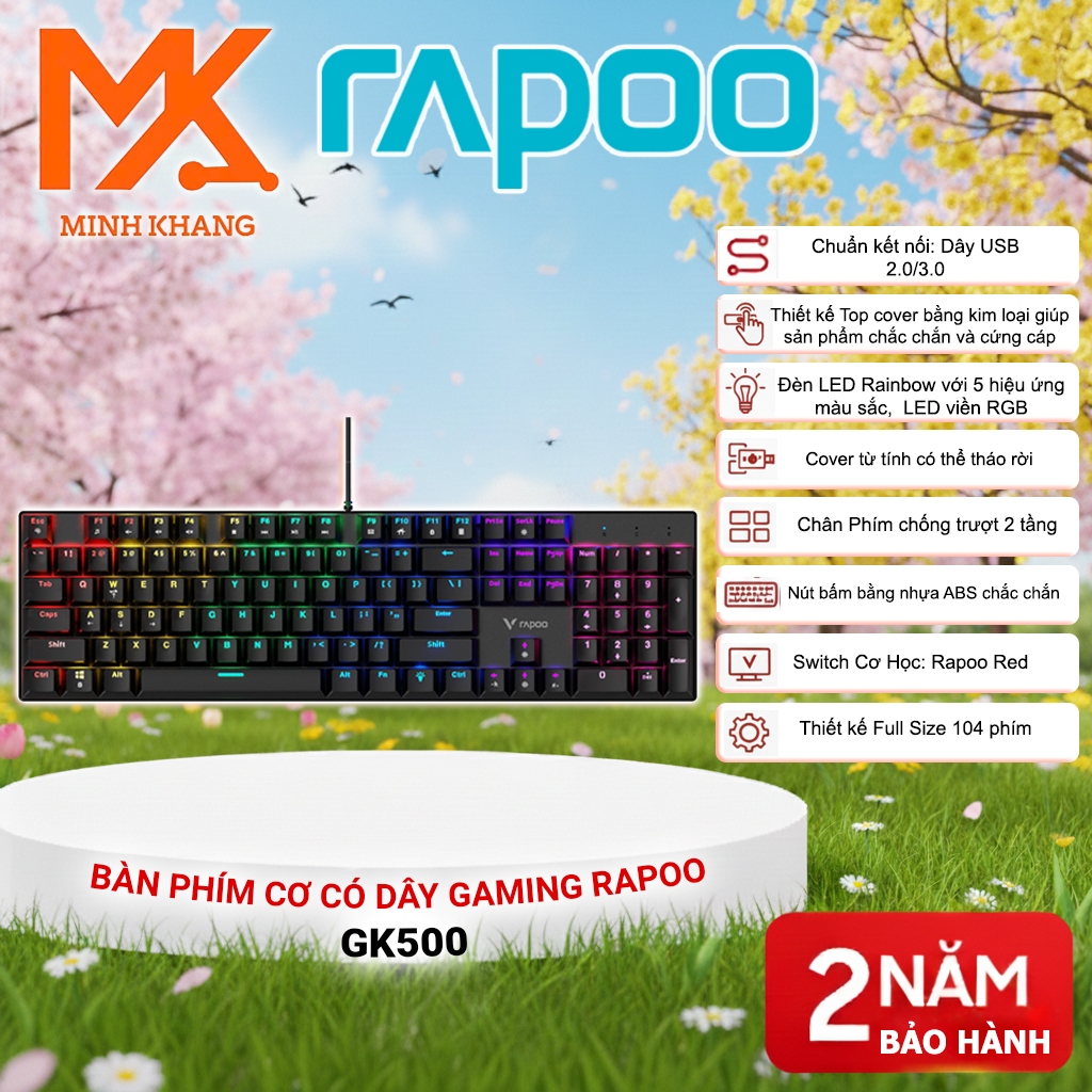 [Rapoo GK500 Chính Hãng] Bàn Phím Cơ Chơi Game RGB – Fullsize 104 Phím, Switch Cơ Học, LED Nhiều Hiệ