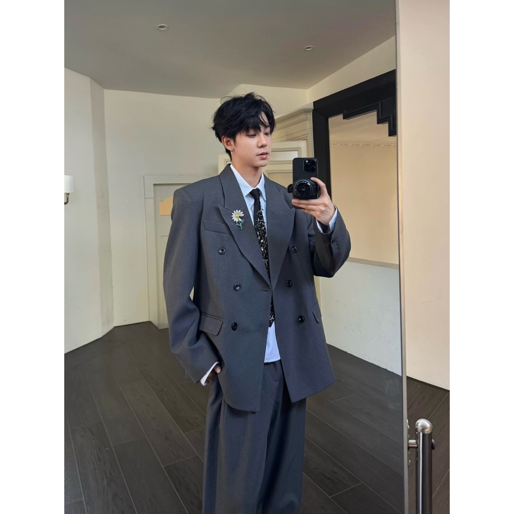 Bộ Suit Nam Blazer 6 Cúc & Quần Tây Ống Rộng Form Oversize Hàn Quốc/Bộ Suit Nam Oversize kèm phụ kiệ