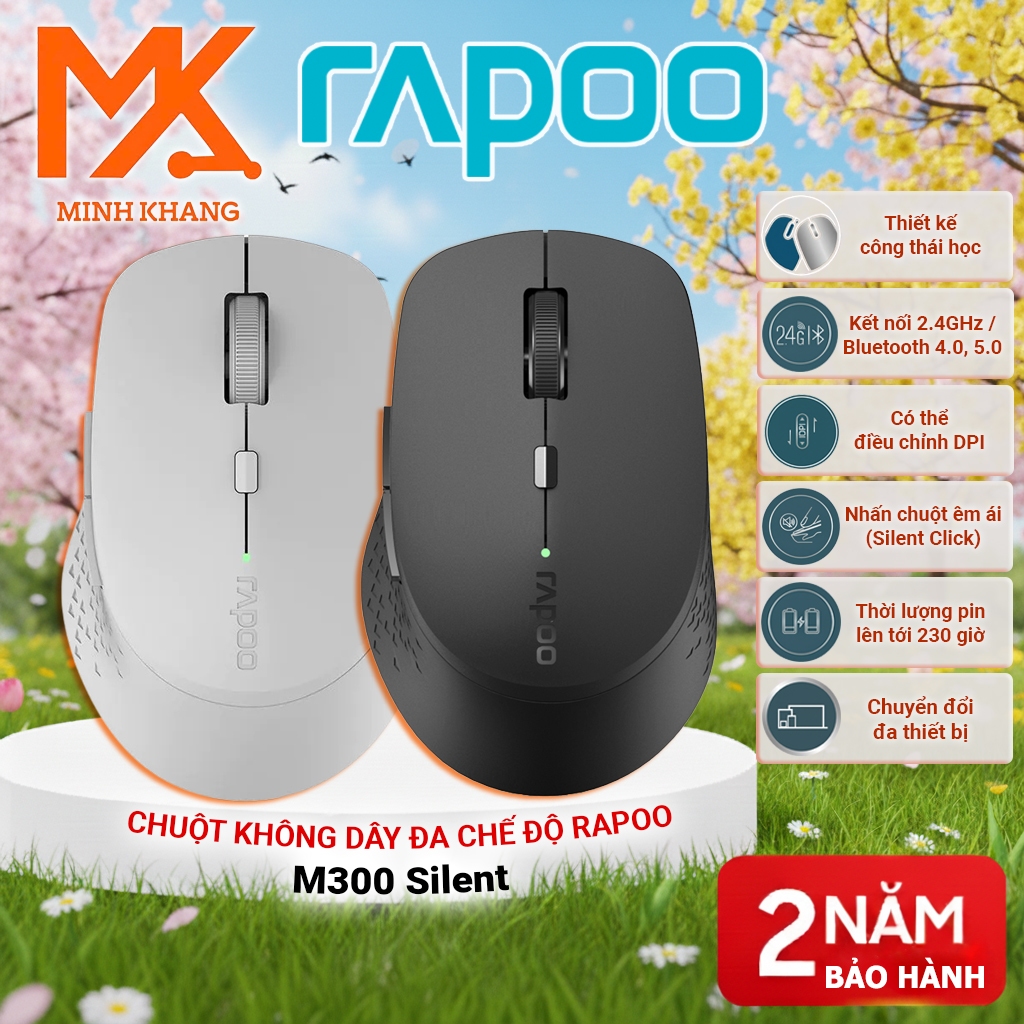 Chuột không dây Rapoo M300 Silent – Đa kết nối BT/2.4GHz, DPI linh hoạt, pin 12 tháng