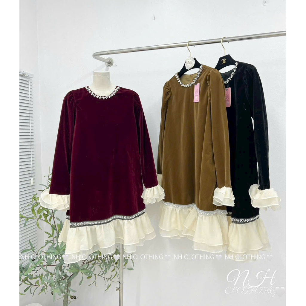 (NH CLOTHING)Váy suông Quynhanhhouse váy nhung viền tơ đính đá sm