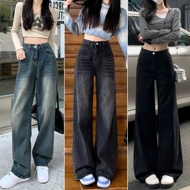 Quần jeans wash nữ WHOSE dáng ống suông rộng lưng cao màu xanh xám SMOKE V2 CẠP CAO phong cách RETRO 2024