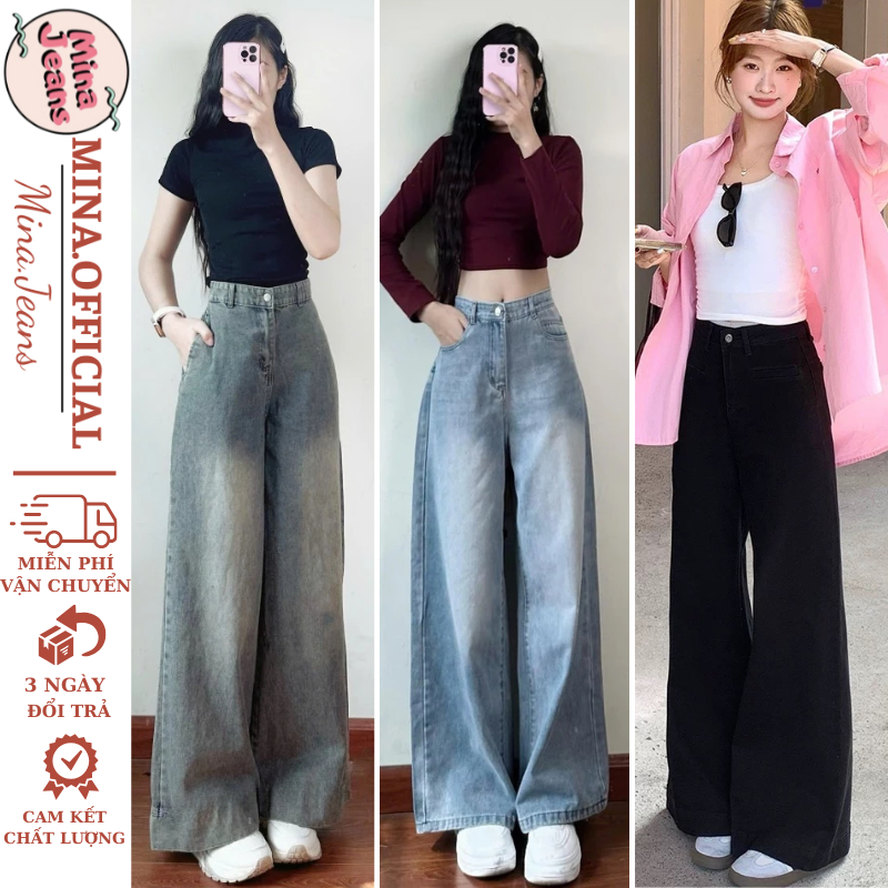 Quần Jean nữ ống rộng CẠP CAO MinaJeans, Quần Bò jeans nữ đen xám phong cách Retro Unisex Ulzzang 2025 Calem Club QTD001