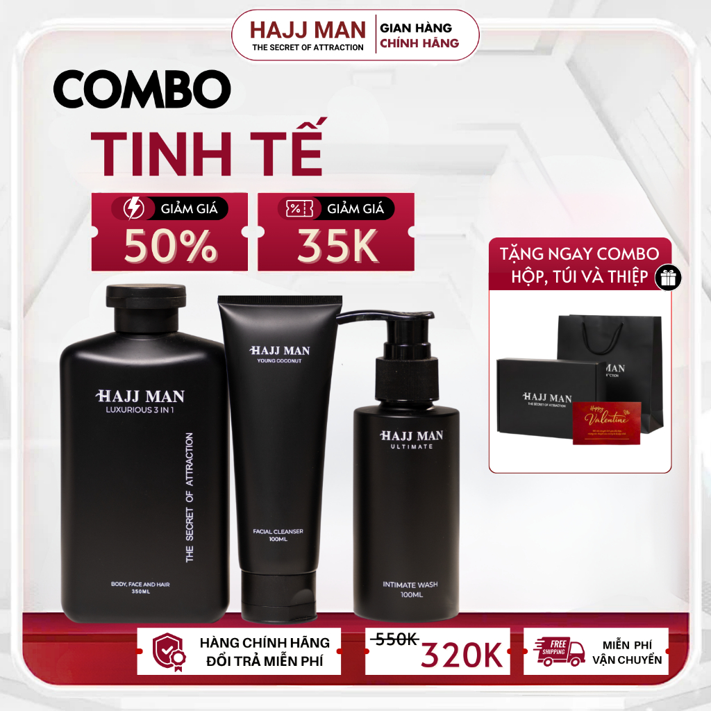 Quà tặng nam - Sữa tắm nam 3 in 1 HAJJ MAN 350ml & Sữa rửa mặt 100ml & Dung dịch vệ sinh 100ml & Nước hoa 10ML