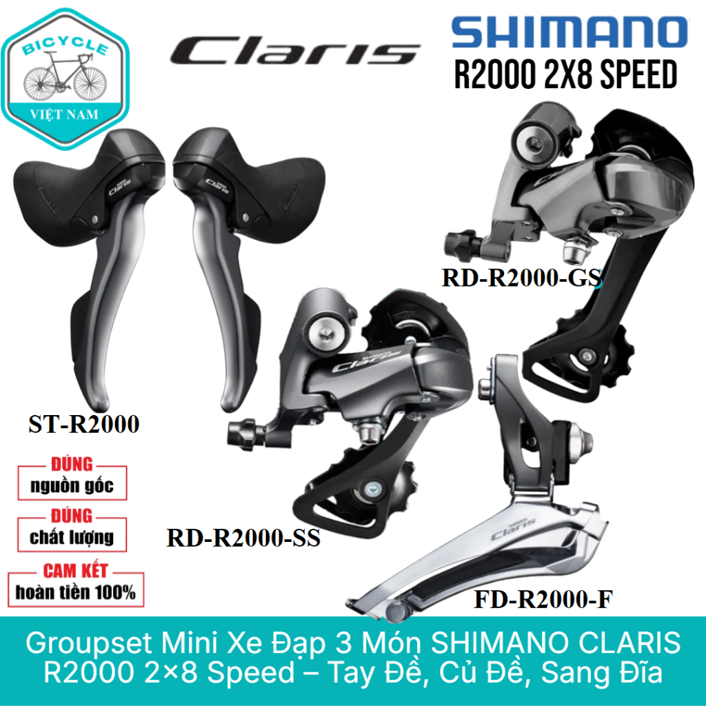 Groupset Mini 3 Món Xe Đạp SHIMANO CLARIS R2000 – 2x8 Tốc Độ (Tay đề, Sang đĩa, Củ đề) - Chính Hãng