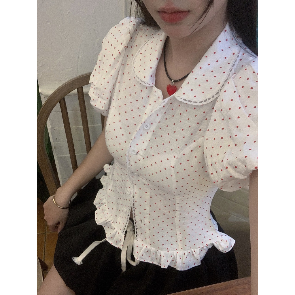 Áo sơ mi chấm bi, tay bí phồng, cổ lá sen, thiết kế THELSTUDIOS | BigBuy360 - bigbuy360.vn