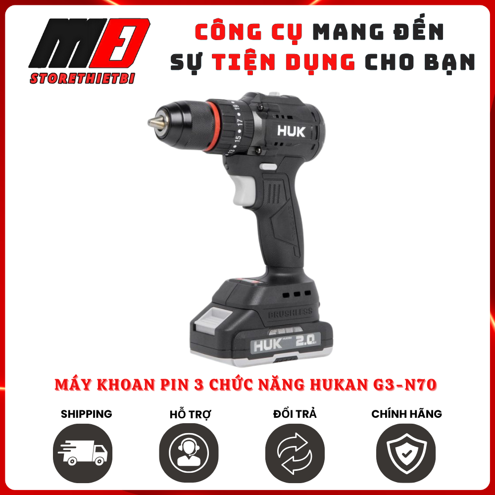 Máy Khoan Pin 3 Chức Năng HUKAN G3-N70 (Gen 3) - Đầu Kẹp 13mm, Lực Siết 70N.m, Có Kickback Control C