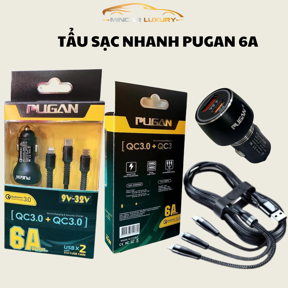 (Sạc Nhanh QC3.0) Tẩu Sạc Pugan 6A Sạc Cực Nhanh Cực Đỉnh Từ 9V-32V Kèm Dây Cáp 3 Đầu