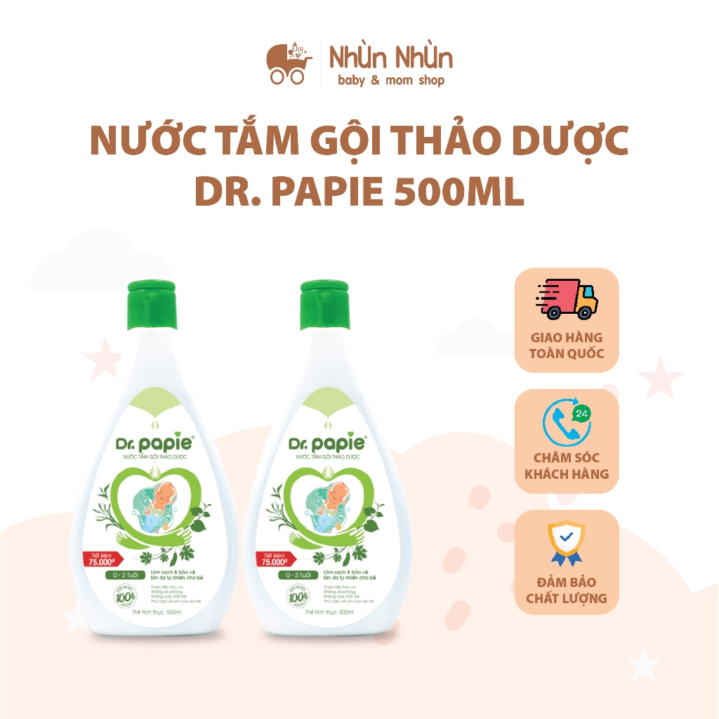 (Nhùn Nhùn) Nước tắm gội thảo dược cho bé Dr.papie giúp giảm mẫn ngứa rôm sảy làm sạch bảo vệ làn da bé 500ml