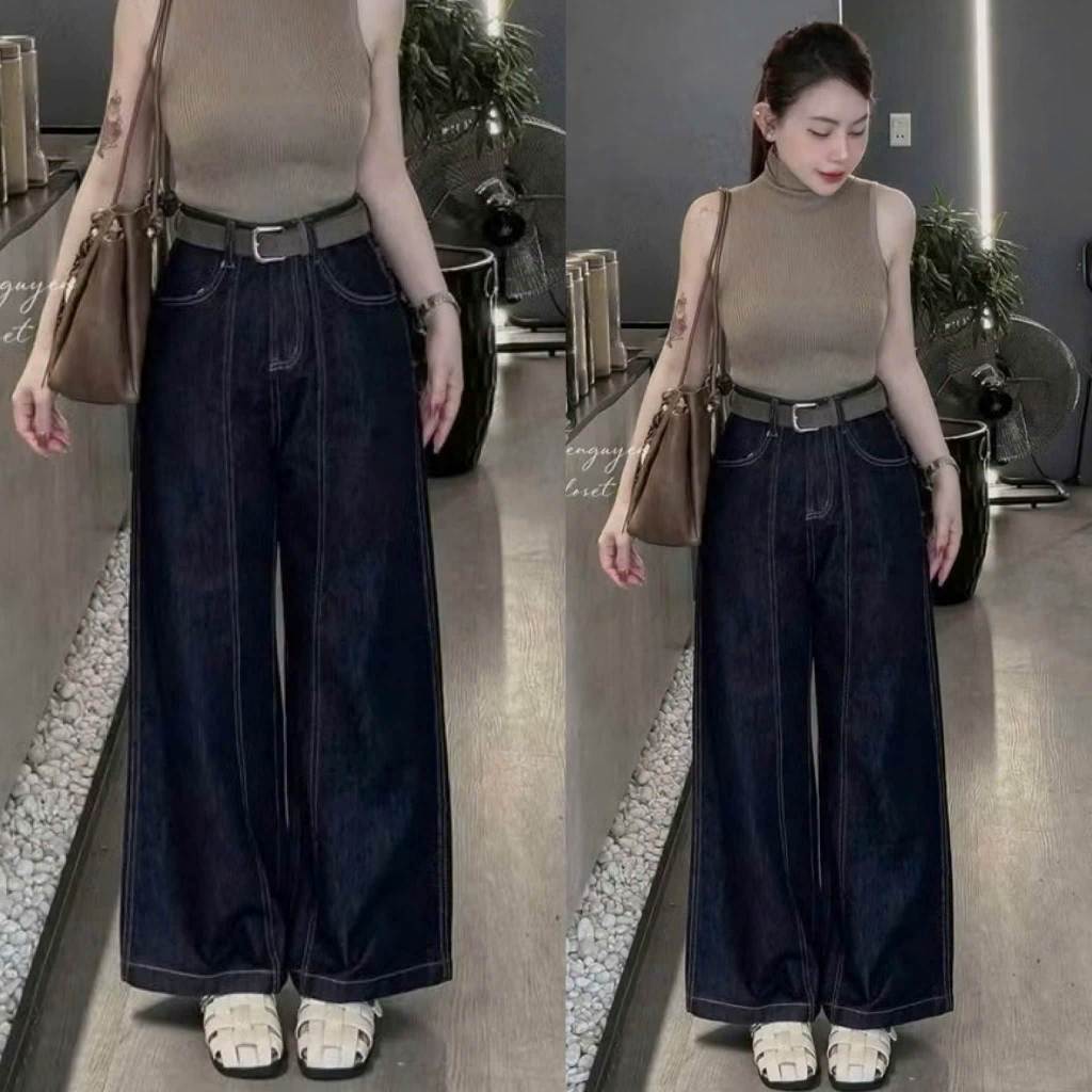 YURI JEANS - ( MÃ 1412) Quần Jeans Nữ Ống Suông Màu Đen Xám Phối Thân Kiểu ( MÃ 1412)