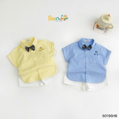 Set sơ mi cộc tay Beemo phối túi in hình kèm nơ co giãn cho bé trai mặc đi học từ 9-24kg 6019SHB