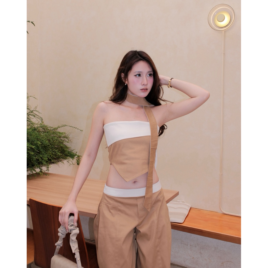 Áo corset Sienna - Áo corset kaki nâu phối trắng