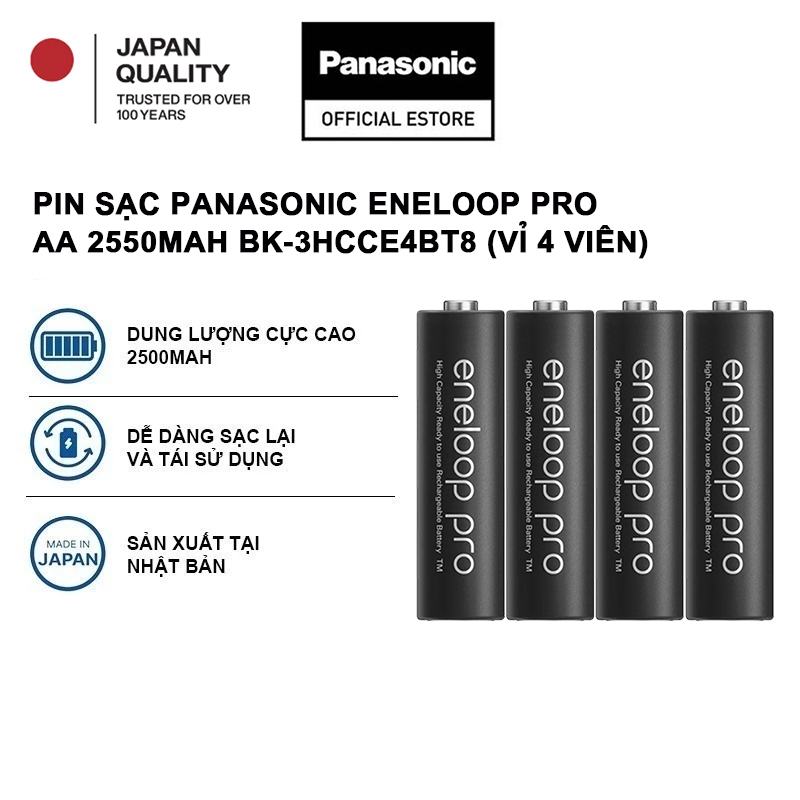 Vỉ 4 viên Pin sạc Panasonic Eneloop Pro AA 2550mAh BK-3HCCE4BT8 – Hàng Chính Hãng
