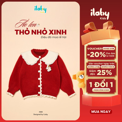 Áo khoác len Tết bé gái ILABY cài khuy tai thỏ size từ 10 - 35kg - Áo len Cardigan bé gái màu đỏ diện Tết [3989]