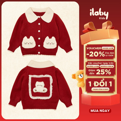 Áo khoác len Tết bé gái ILABY thiết kế túi mèo dễ thương size từ 10 - 35kg - Áo len diện Tết chất mịn không xù [3992]