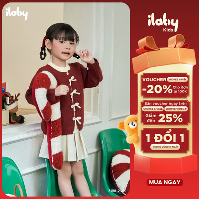 Áo len Tết bé gái ILABY màu đỏ phối trắng đính nơ size từ 10 - 35kg - Áo len diện Tết cho bé gái điệu đà ấm áp [3188]