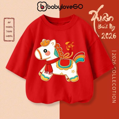 Áo thun bé trai bé gái Happy New Year 2026 áo phông tay lỡ form rộng in hình đáng yêu độc đáo BabyloveGO