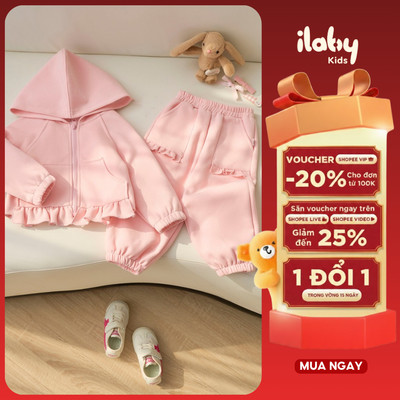 Áo khoác hoodie và quần nỉ tăm cho bé gái ILABY đồ thu đông nỉ bông phối bèo dễ thương [3536 + 3337]