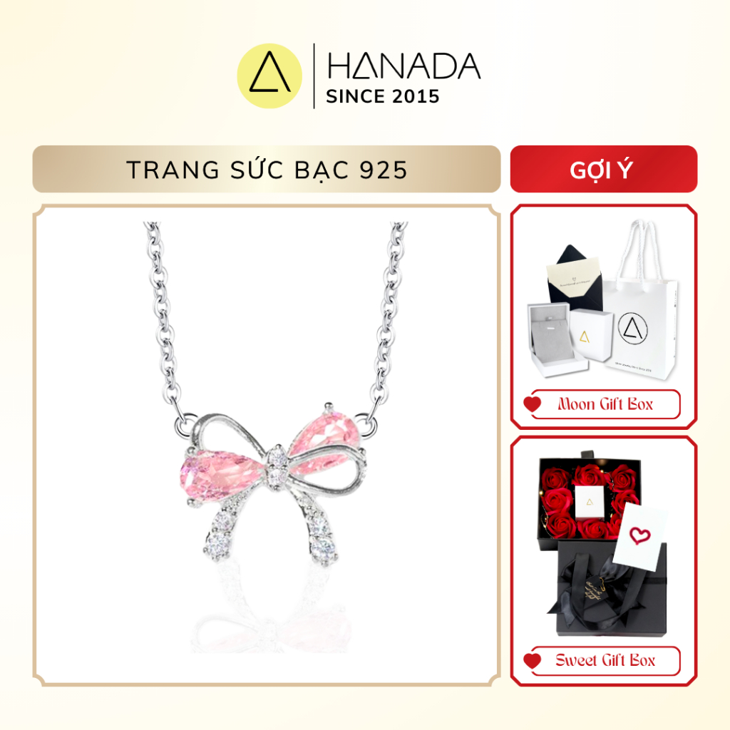 [BẠC 925-BH TRỌN ĐỜI] Dây chuyền Bạc 925 HANADA Nơ Tiểu Thư Đính Đá Hồng, Vòng Cổ Quà Tặng Đi Tiệc  Nữ 2817