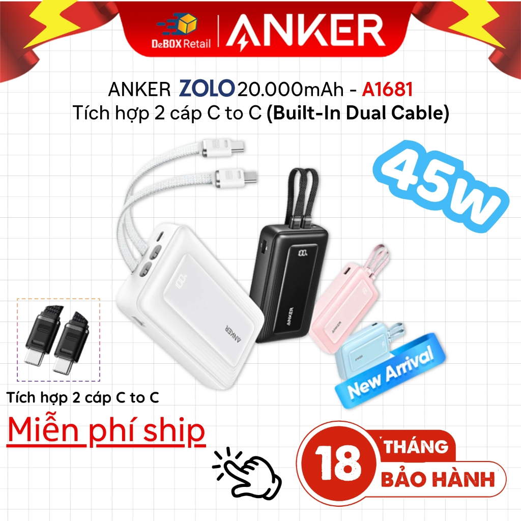 [Samsung/iPhone 15-17 Series] Sạc dự phòng ANKER Zolo 20000mAh 45W | 2 cổng 1C1A | Tích hợp 2 cáp US