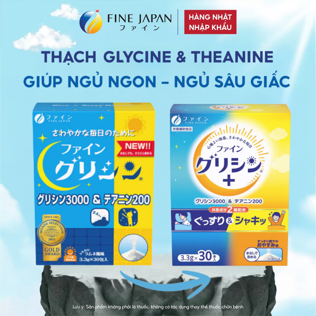 Bột hỗ trợ ngủ ngon và sâu giấc Glycine3000 & Theanine200 FINE JAPAN hộp 30 thanh